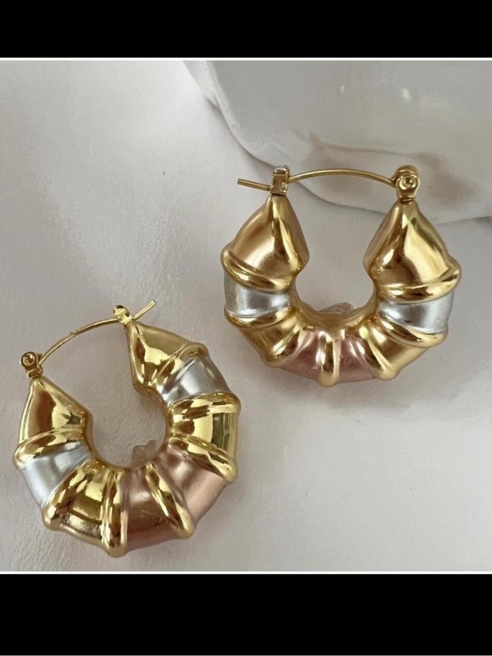 Tri Color Bamboo Hoop Earrings Stainless Steel Womens Jewelry